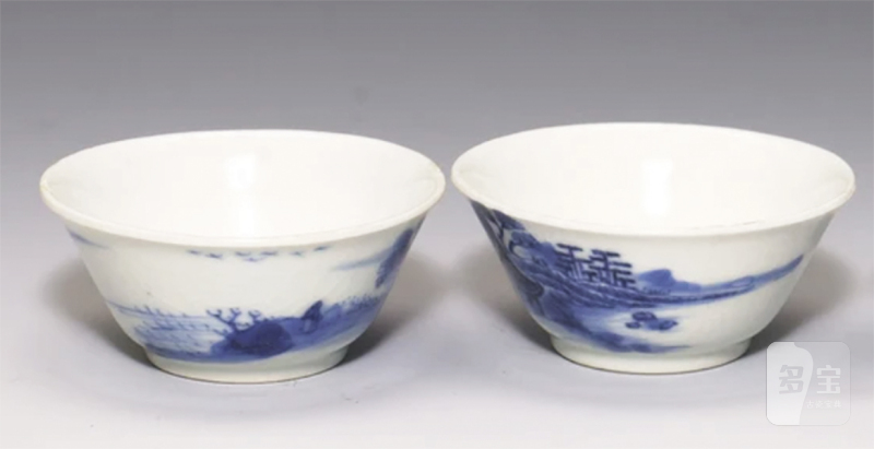 清康熙 青花山水高仕图若深杯 - 图2